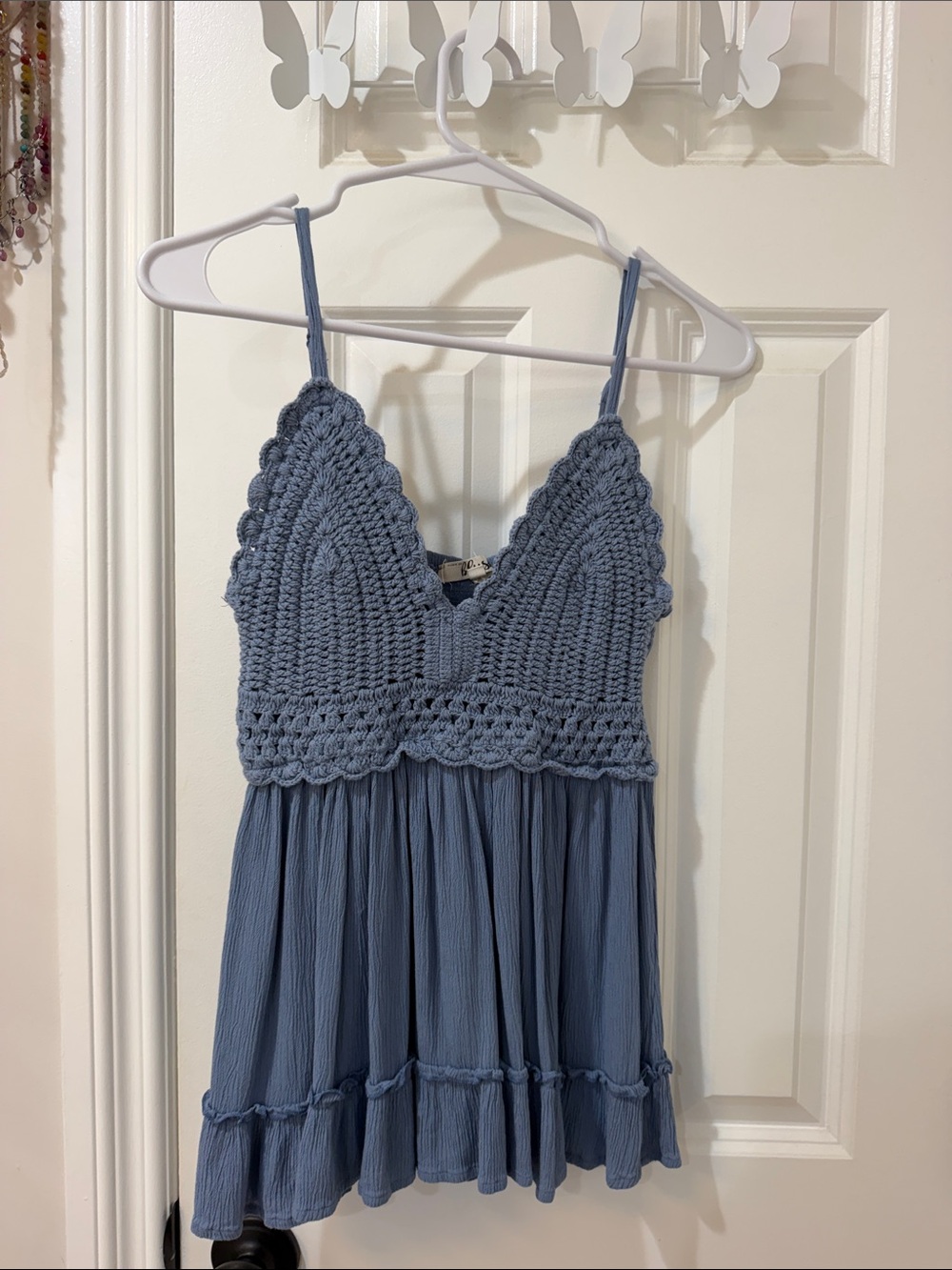 Boho Crochet V-Neck Spaghetti Strap Tank Top - Dusty Blue